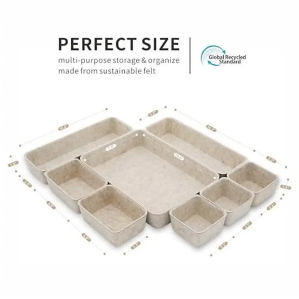Desk Drawer Organizer Tray Set Beige Felt Office Storage 8 Piece Oatmeal